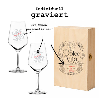 Aperol Glas personalisiert mit individueller Namensgravur, Detailansicht und La-Dolce-Vita-Box-Design