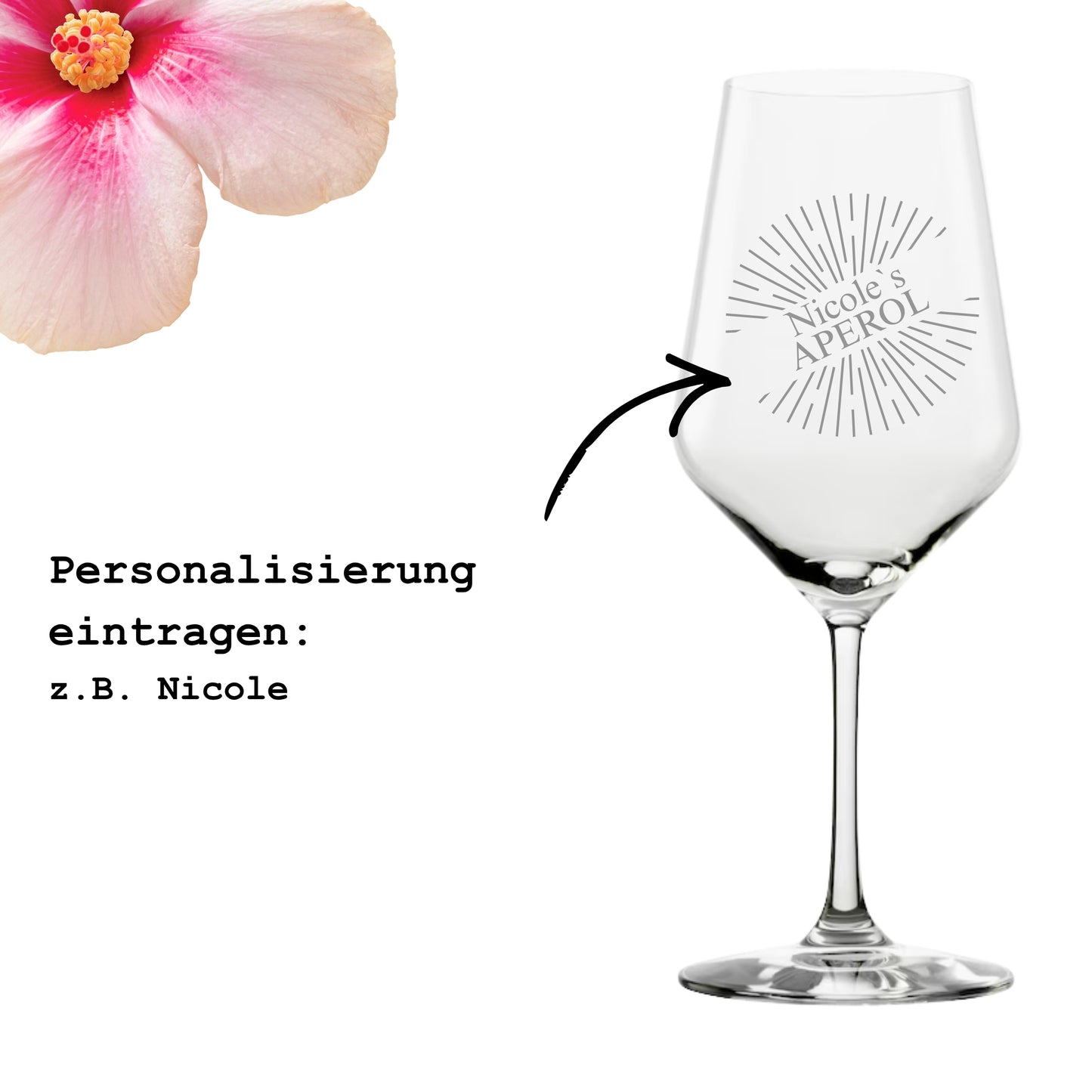 Anleitung zur Personalisierung – Aperol Glas mit Namen gravieren lassen – Beispiel Nicole – Glanzstücke