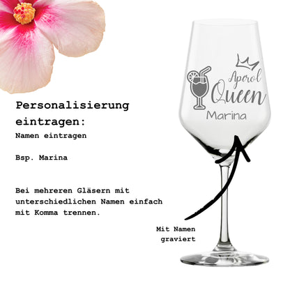 Anleitung zur Personalisierung – Aperol Queen Glas mit Namen gravieren lassen – Beispiel Marina – Glanzstücke