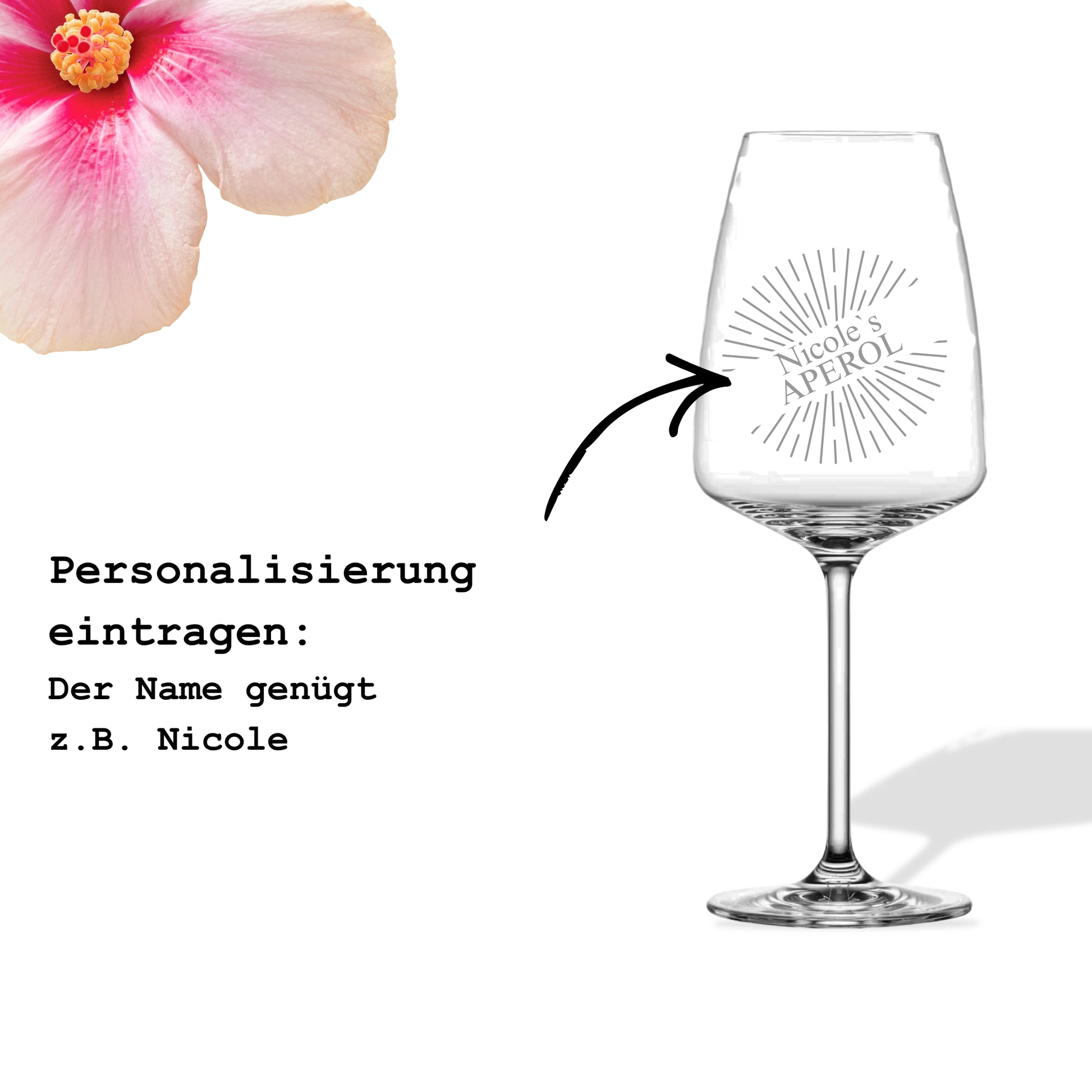Anleitung zur Personalisierung des Aperol Glases mit Sunburst-Motiv – Name genügt, Beispiel Nicole