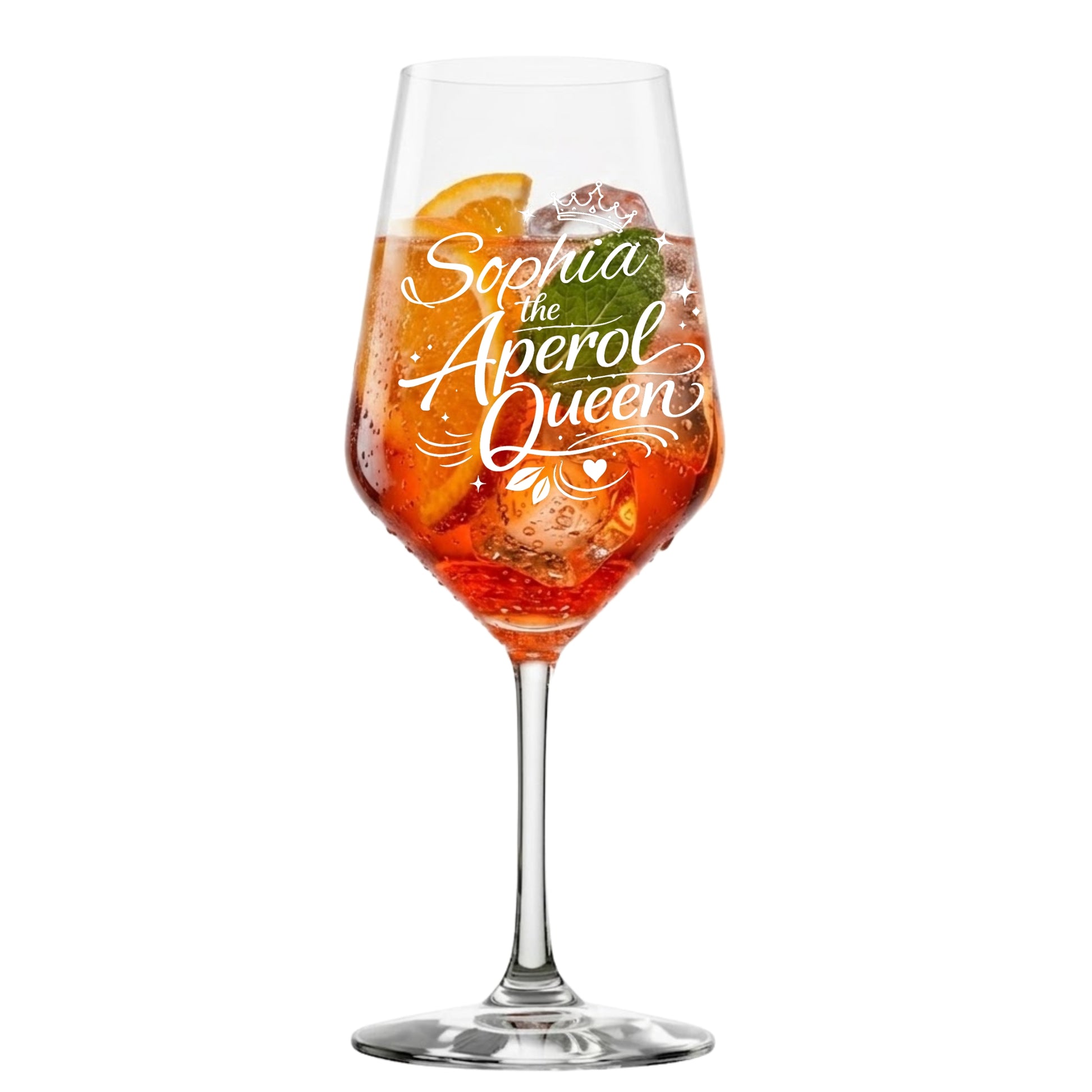 Aperol Queen Glas mit Lasergravur und Namen Sophia – klares Produktbild – dauerhafte Gravur – spülmaschinenfest