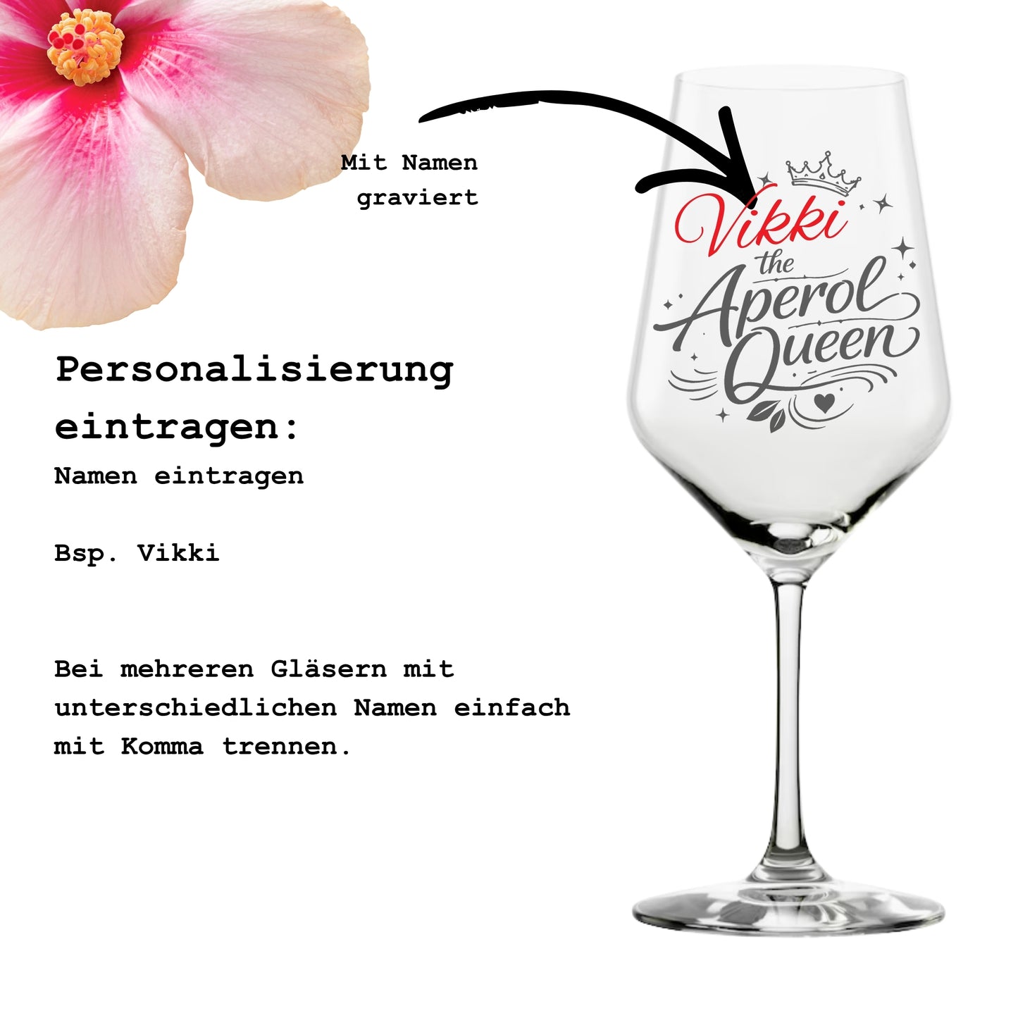 Anleitung zur Personalisierung – Aperol Queen Glas mit Namen gravieren lassen – Beispiel Vikki – Glanzstücke