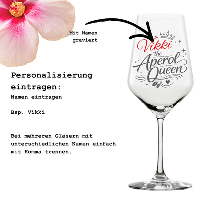 Anleitung zur Personalisierung – Aperol Queen Glas mit Namen gravieren lassen – Beispiel Vikki – Glanzstücke