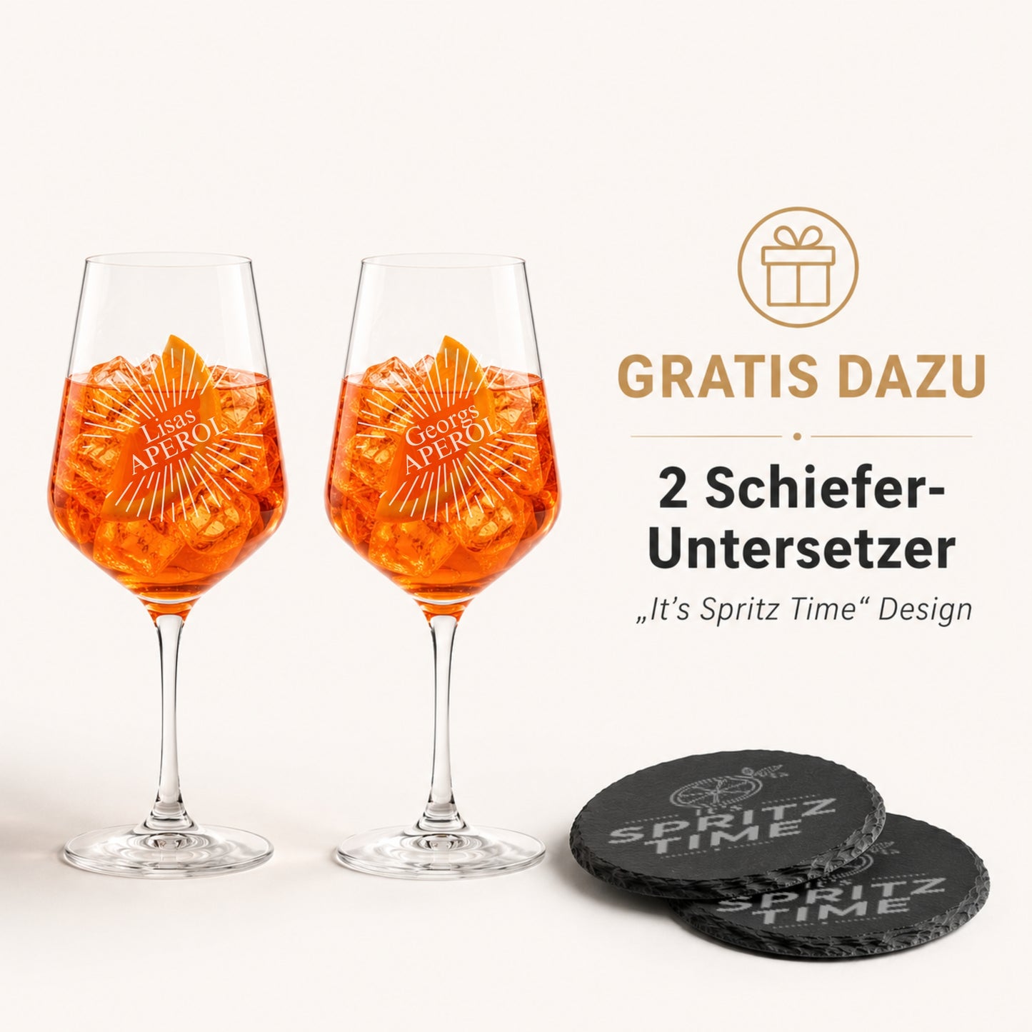 Aperol Spritz Gläser personalisiert mit gratis Schiefer-Untersetzern „It's Spritz Time"