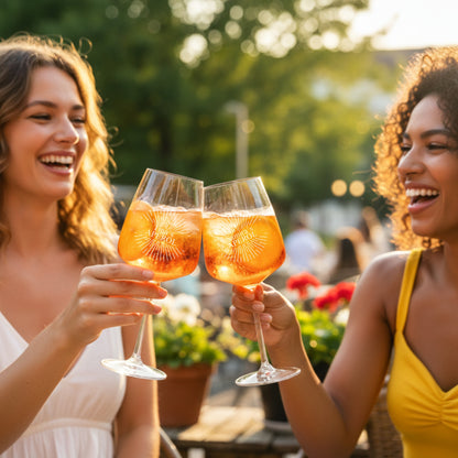 Zwei Frauen stoßen mit personalisierten Aperol Gläsern an – Sunburst-Gravur mit Namen, Sommerfest-Stimmung