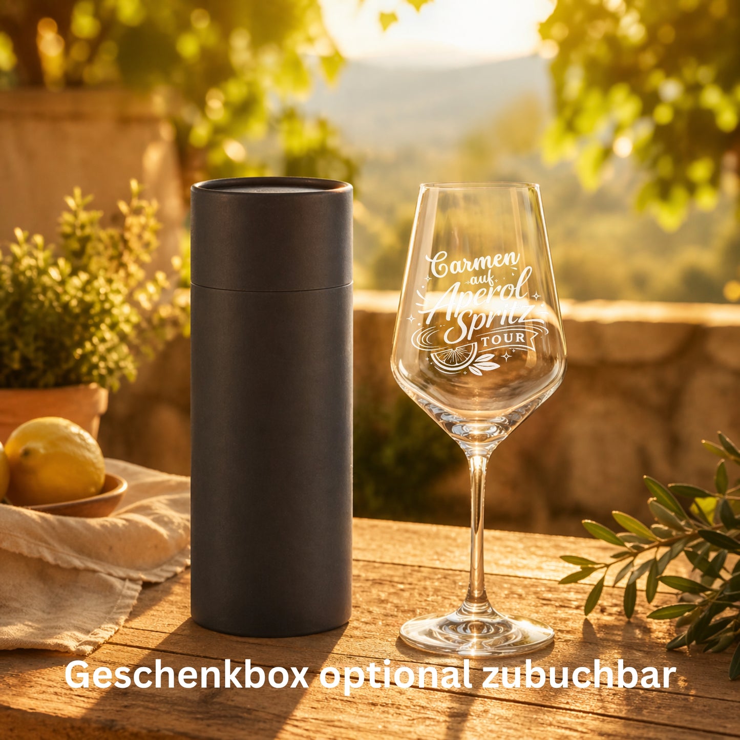 Personalisiertes Aperol Glas mit Geschenkbox – auf Aperol Spritz Tour graviert mit Namen Carmen – lustiges Geschenk für Frauen