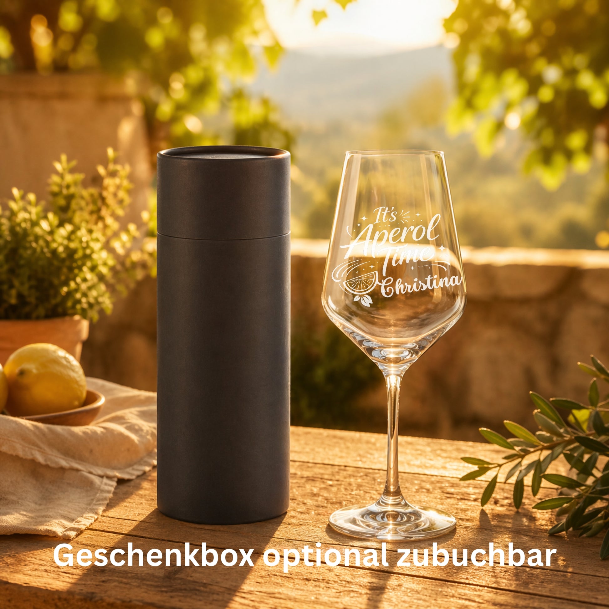 Personalisiertes Aperol Glas mit Geschenkbox – It's Aperol Time graviert mit Namen Christina – edles Geschenk für Frauen