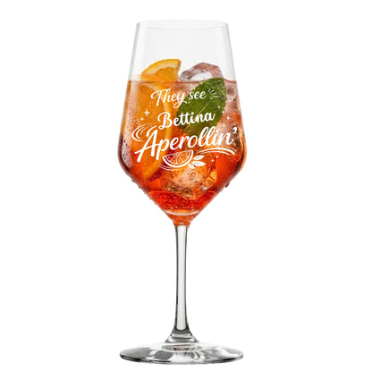 Aperollin Glas mit Lasergravur und Namen Bettina – klares Produktbild – dauerhafte Gravur – spülmaschinenfest