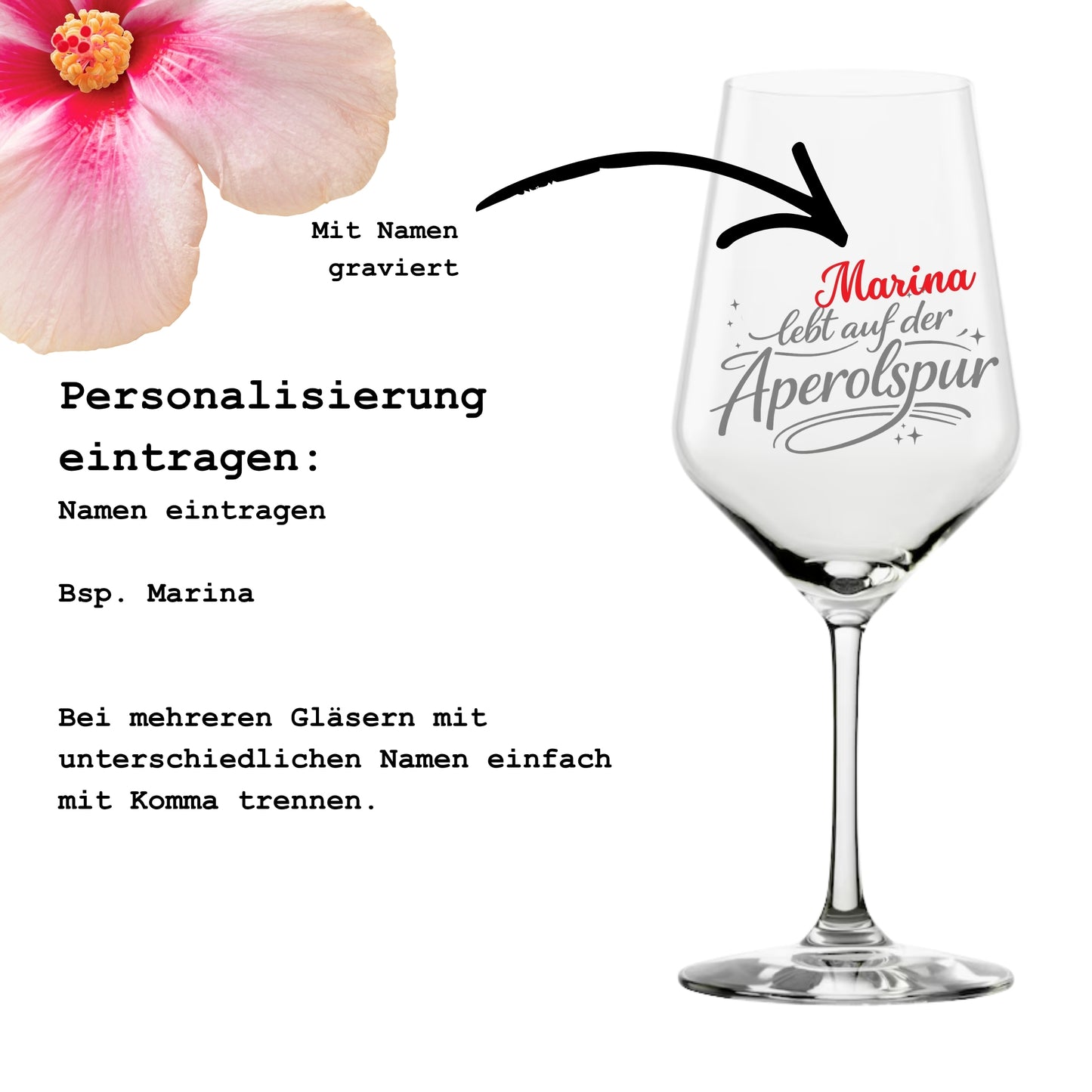 Anleitung zur Personalisierung – Aperolspur Glas mit Namen gravieren lassen – Beispiel Marina – Glanzstücke