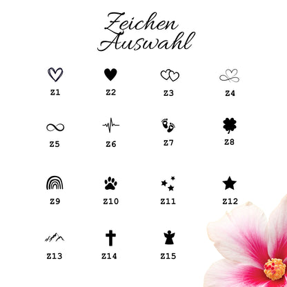 Zeichenauswahl für personalisierte Sektgläser mit Symbolen wie Herz, Unendlichkeitszeichen, Sterne und Pfote zur Gravur