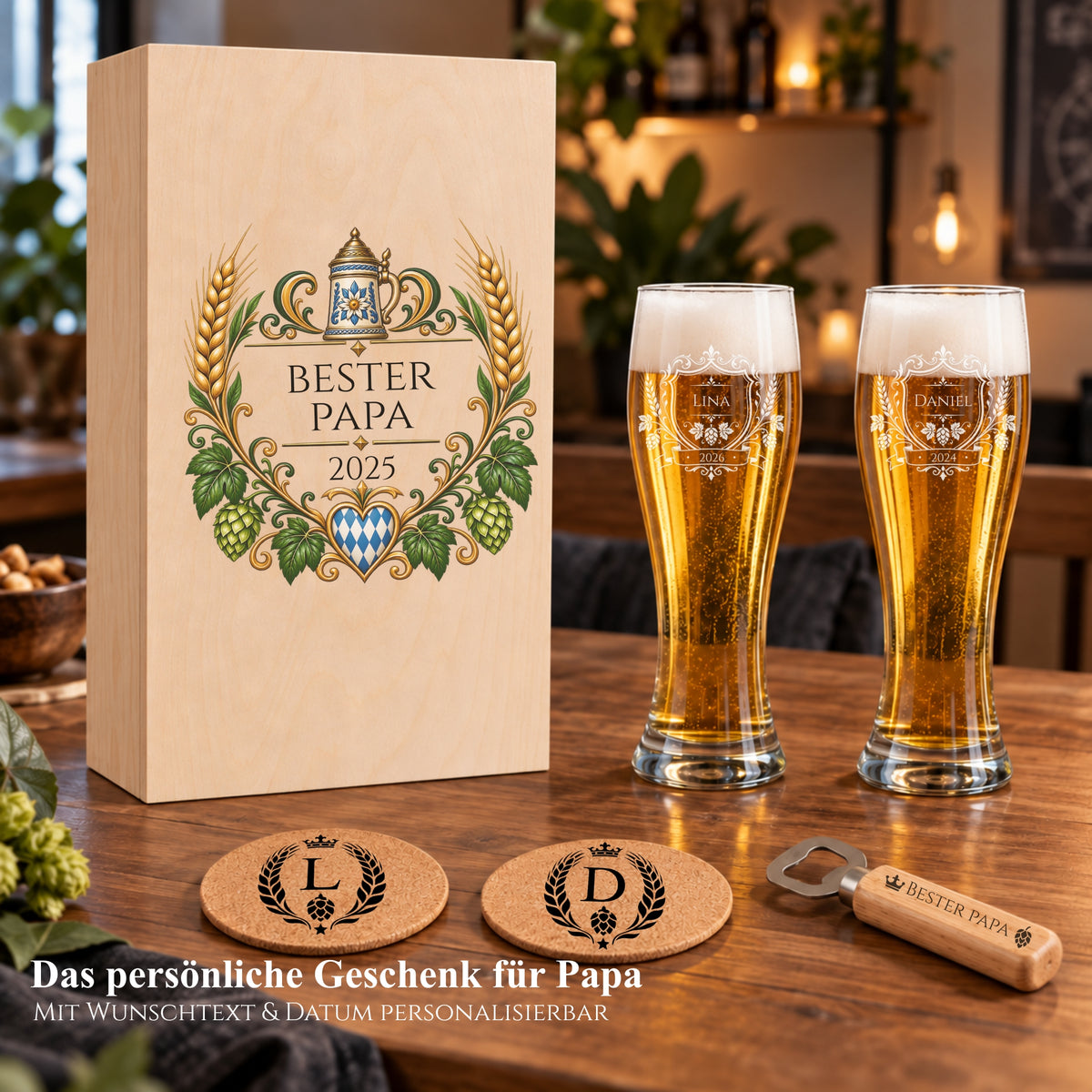 Personalisiertes Bier-Geschenkset für Papa mit Holzbox, zwei Weizengläsern, Untersetzern und Flaschenöffner