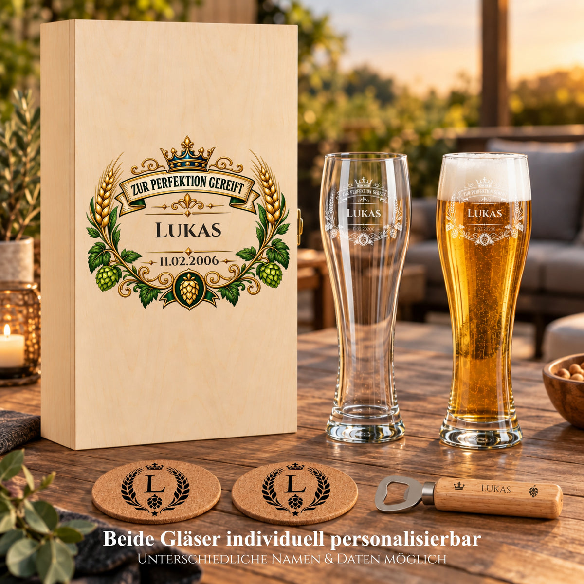 Personalisiertes Bier-Geschenkset mit Holzbox, Weizengläsern und Gravur für Lukas