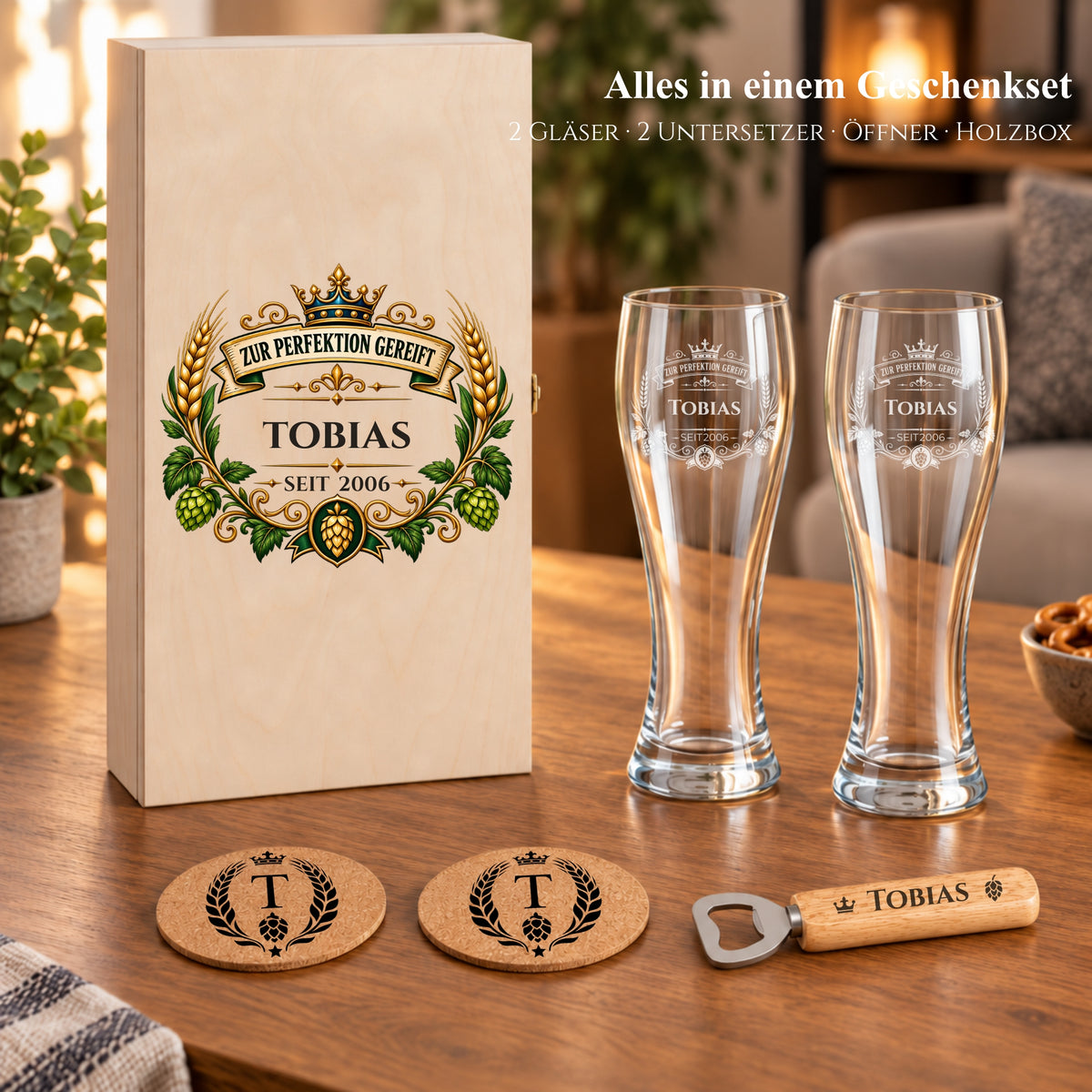 Vollständiges personalisiertes Bier-Geschenkset mit zwei Weizengläsern, Untersetzern und Holzbox für Tobias
