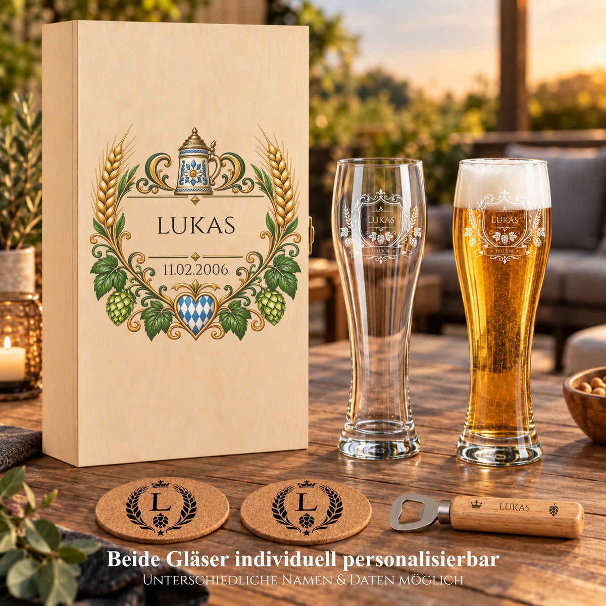 Personalisiertes Bier-Geschenkset mit Holzbox, gravierten Weizengläsern und Datum