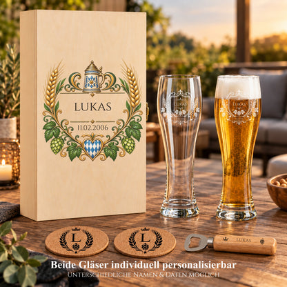 Personalisiertes Bier-Geschenkset mit Holzbox, gravierten Weizengläsern und Datum