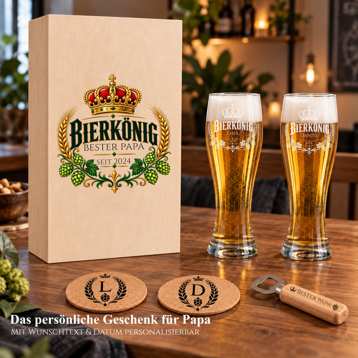 Personalisiertes Bierkönig-Geschenkset für Papa mit Holzbox, zwei Weizengläsern, Untersetzern und Öffner