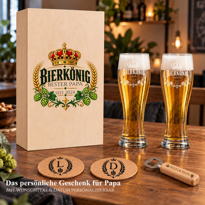 Personalisiertes Bierkönig-Geschenkset für Papa mit Holzbox, zwei Weizengläsern, Untersetzern und Öffner