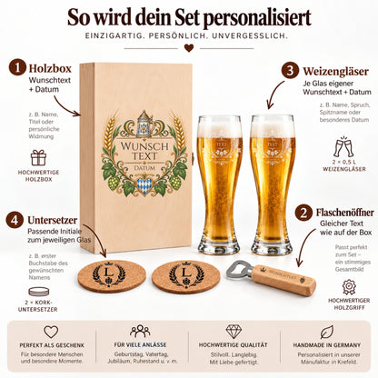 Anleitung zur Personalisierung der Holzbox, Weizengläser, Untersetzer und des Flaschenöffners