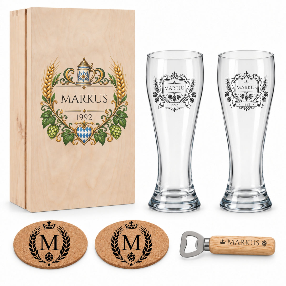 Komplettes personalisiertes Biergeschenk mit zwei Weizengläsern, Holzbox, Korkuntersetzern und Öffner