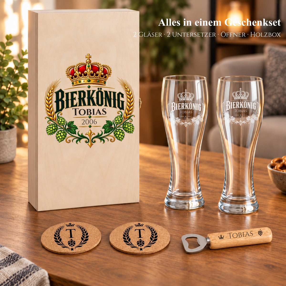 Vollständiges Bierkönig-Geschenkset mit gravierten Weizengläsern und personalisierter Holzbox Tobias