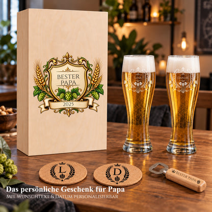 Personalisiertes Bier-Geschenkset Bester Papa mit gravierten Weizengläsern und Holzbox