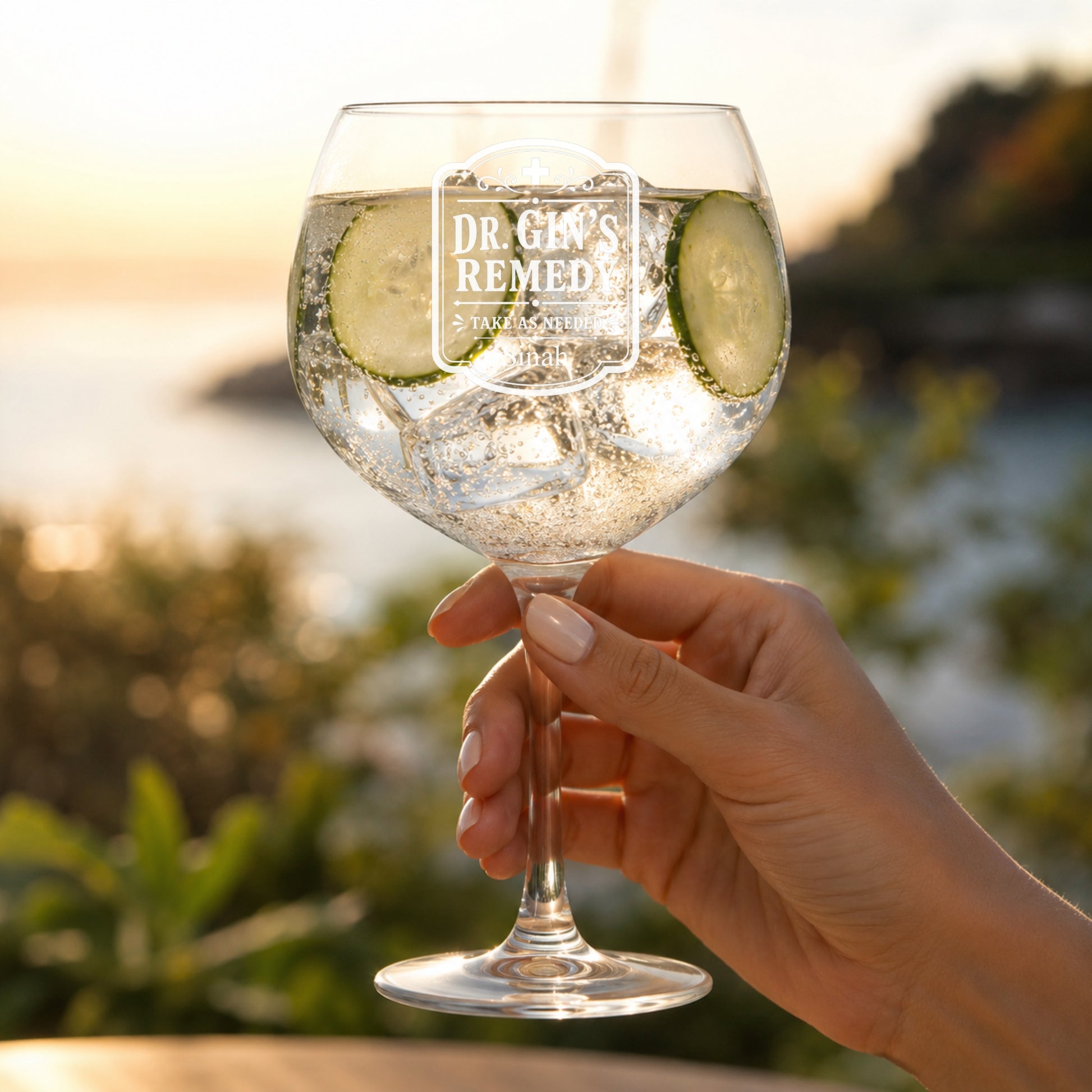 Personalisiertes Gin Glas Dr. Gin's Remedy mit Namen graviert – Geschenk für Gin-Fans