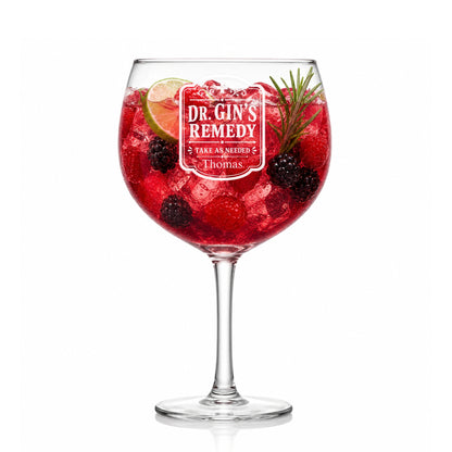 Gin Glas mit Gravur Dr. Gin's Remedy personalisiert mit Namen – Lasergravur Vintage-Design