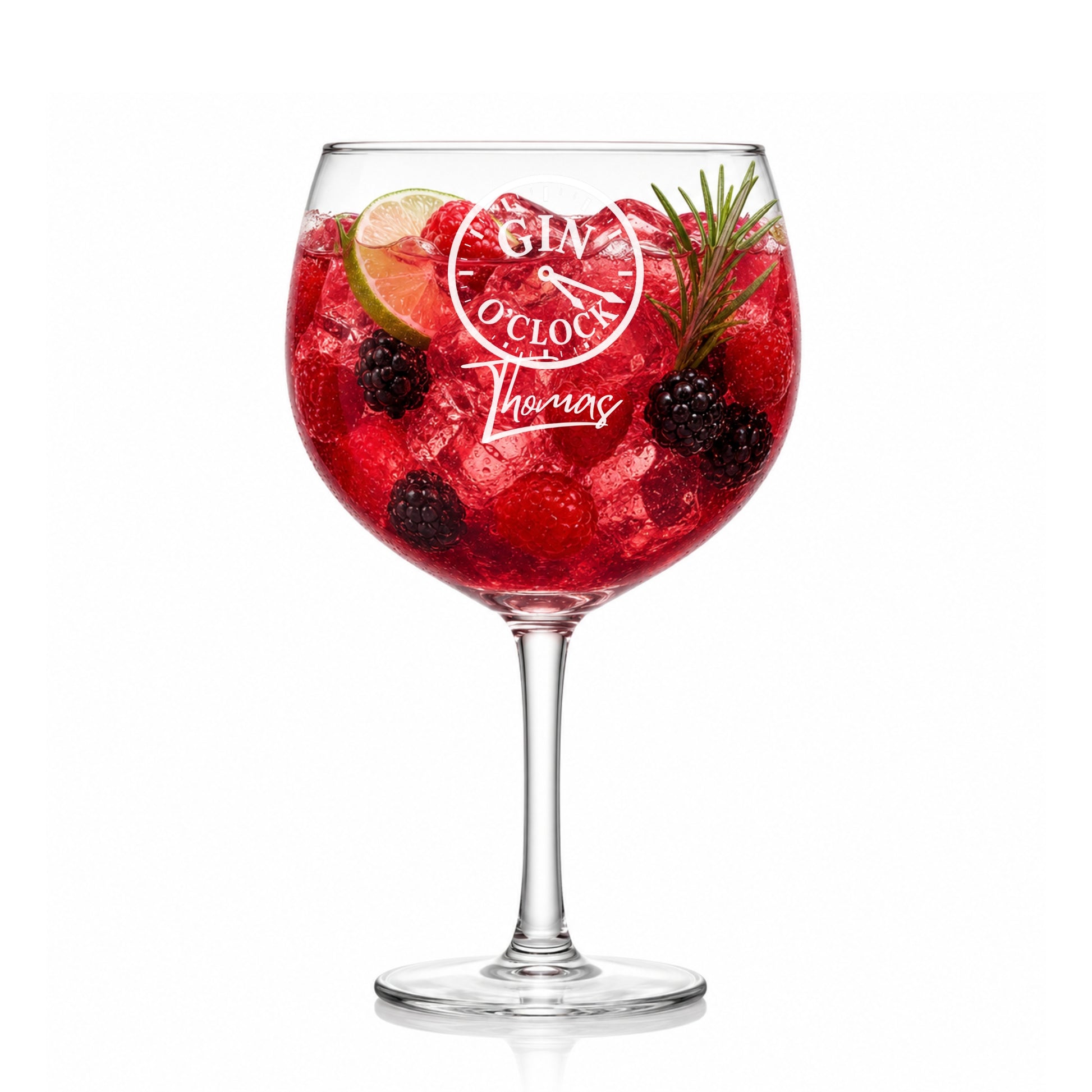 Gin Glas mit Gravur Gin O'Clock personalisiert mit Namen – Lasergravur Uhr-Motiv