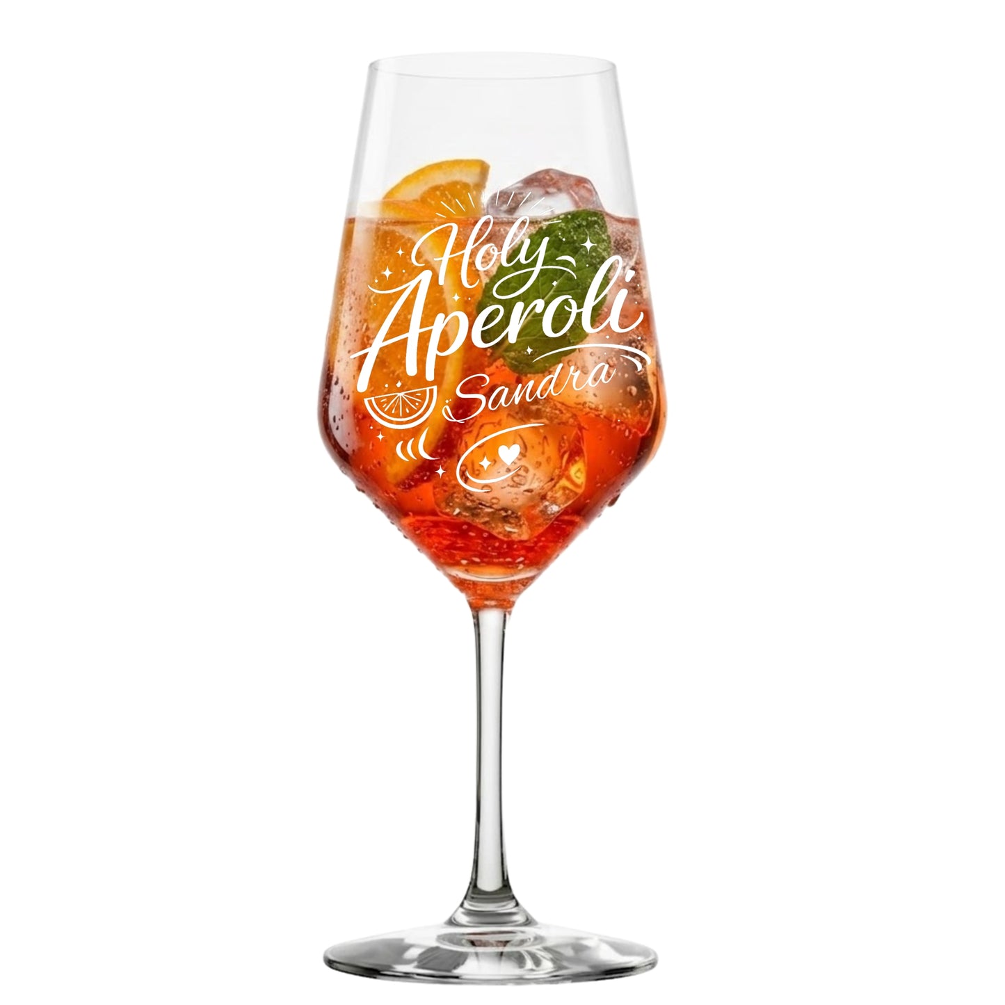 Holy Aperoli Glas mit Lasergravur und Namen Sandra – klares Produktbild – dauerhafte Gravur – spülmaschinenfest