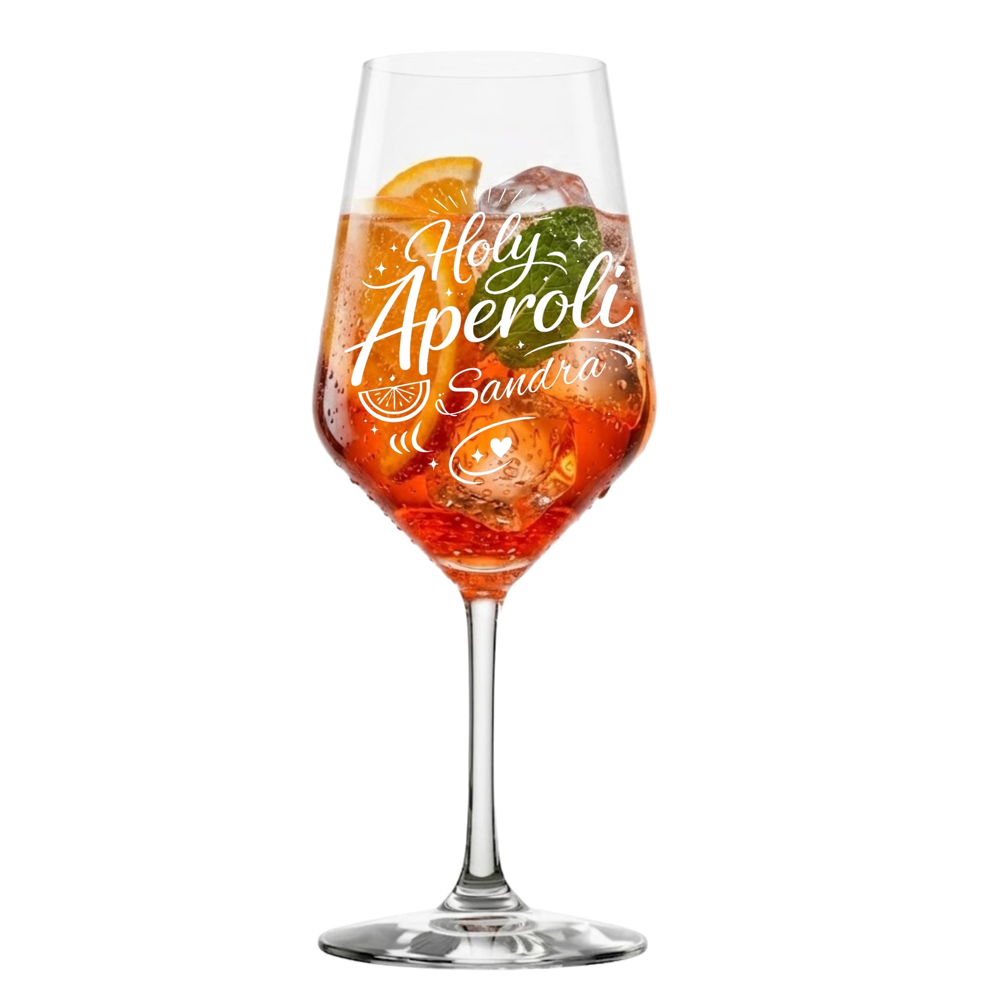 Holy Aperoli Glas mit Lasergravur und Namen Sandra – klares Produktbild – dauerhafte Gravur – spülmaschinenfest