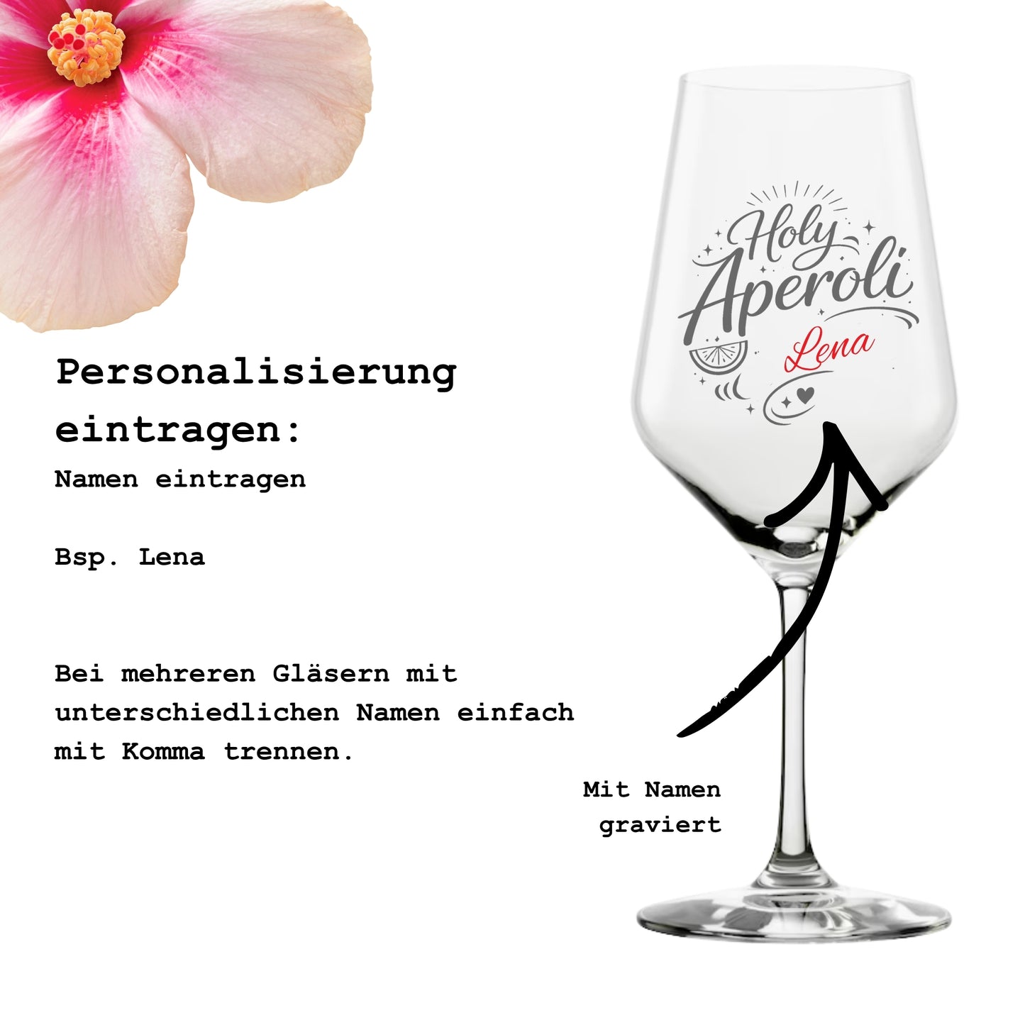 Anleitung zur Personalisierung – Holy Aperoli Glas mit Namen gravieren lassen – Beispiel Lena – Glanzstücke