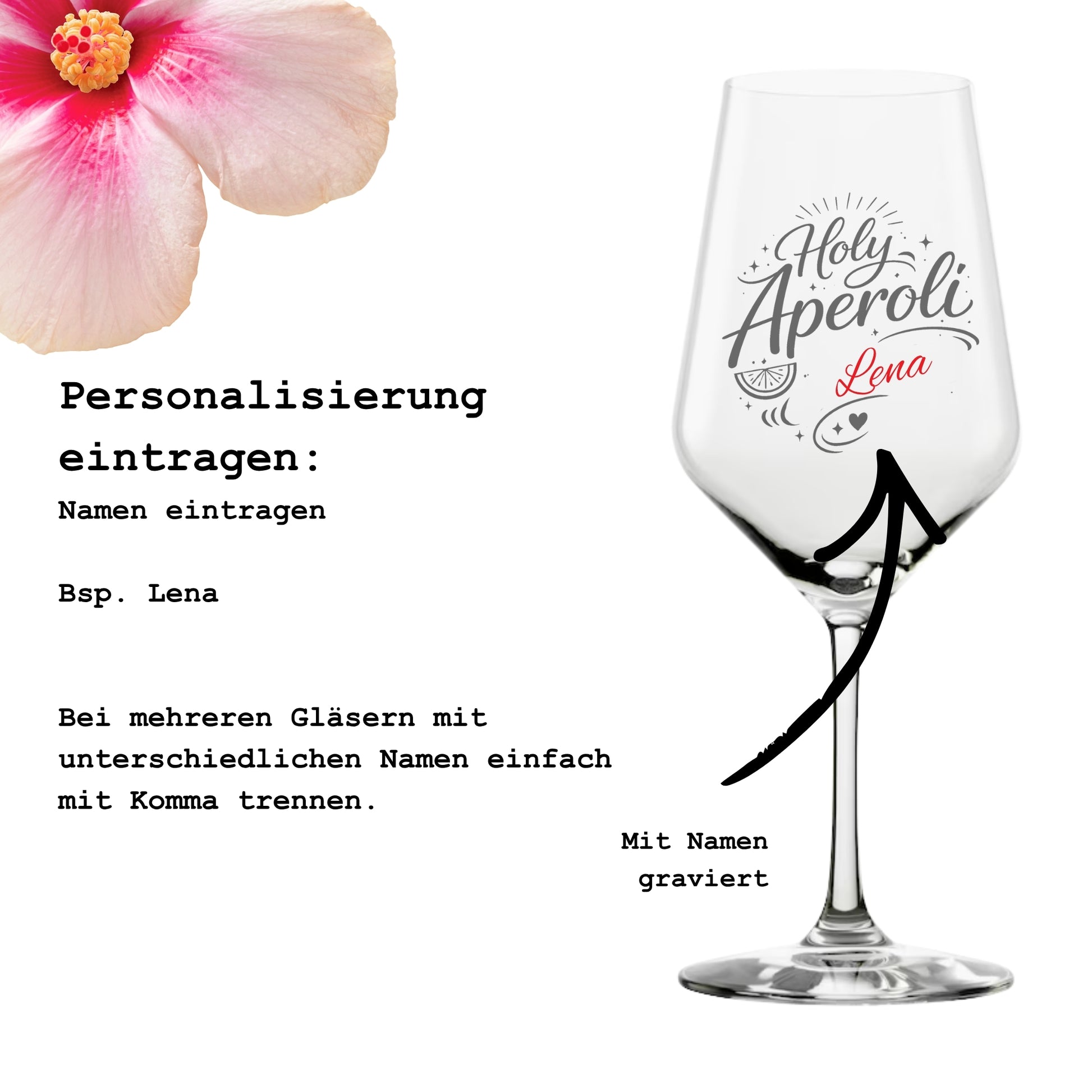 Anleitung zur Personalisierung – Holy Aperoli Glas mit Namen gravieren lassen – Beispiel Lena – Glanzstücke