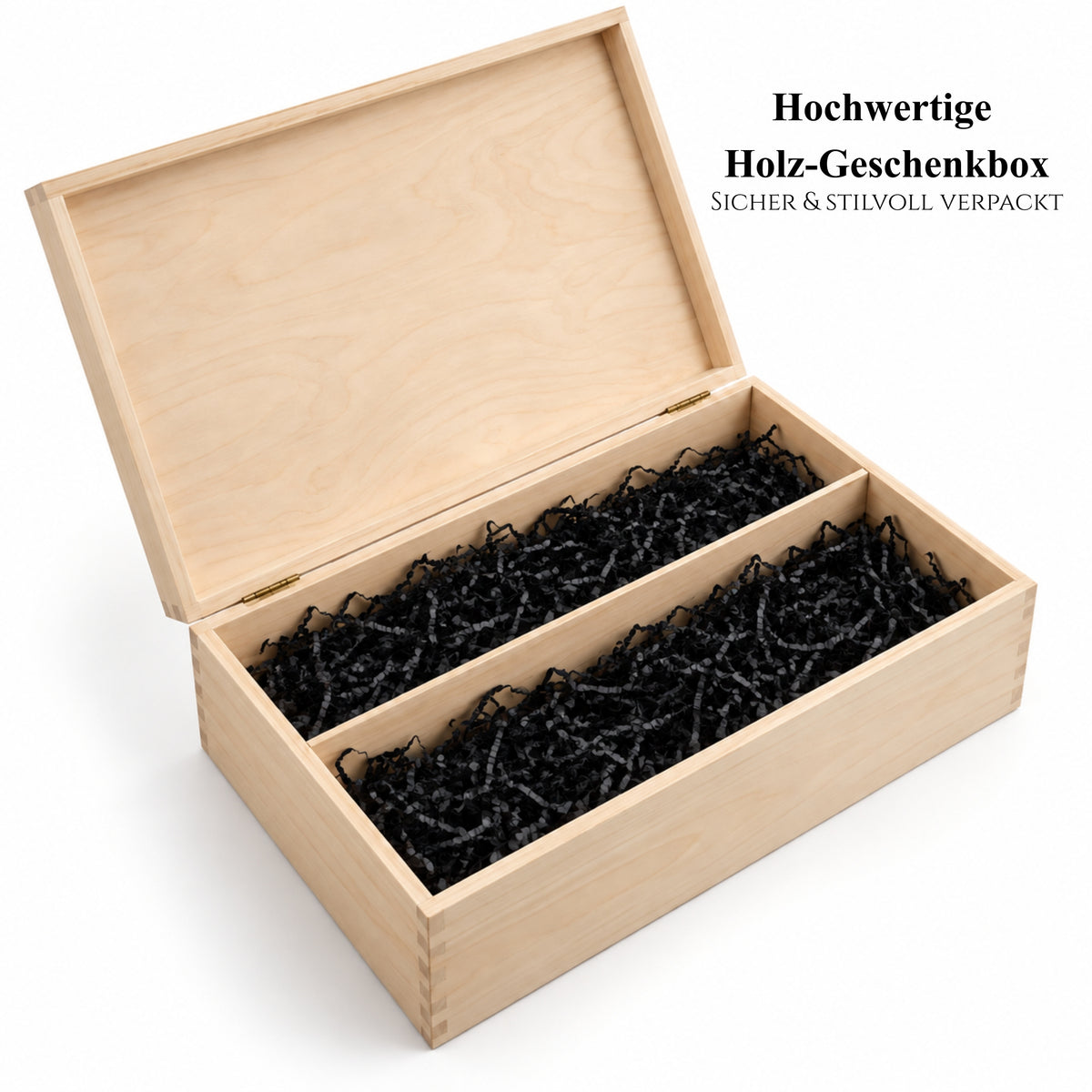 Offene Holz-Geschenkbox mit zwei Fächern und schwarzem Füllmaterial