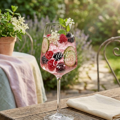 Lillet Queen Glas mit Namensgravur Theresa – personalisiertes Geschenk für Frauen – Lillet Wild Berry Sommer Garten