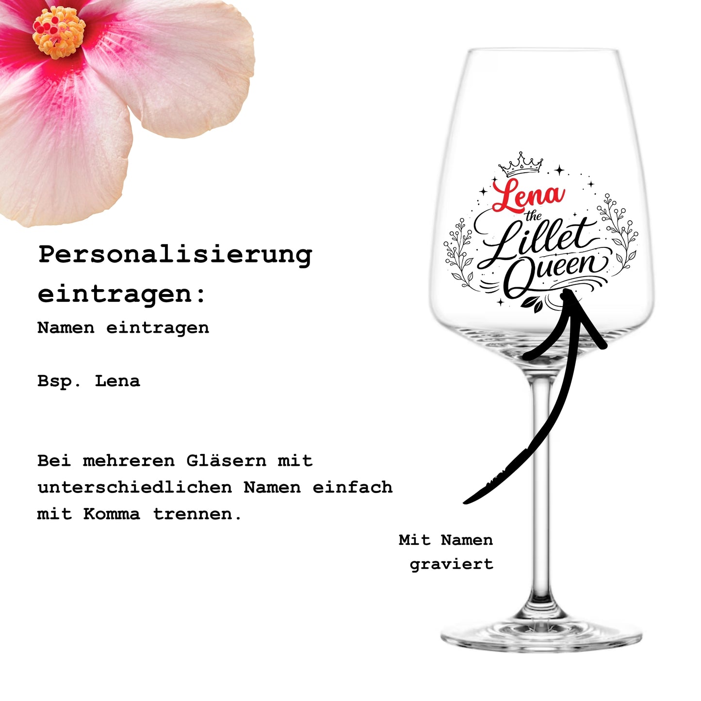 Anleitung zur Personalisierung – Lillet Queen Glas mit Namen gravieren lassen – Beispiel Lena – Glanzstücke