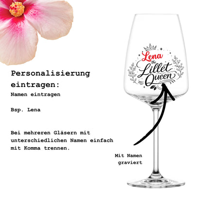 Anleitung zur Personalisierung – Lillet Queen Glas mit Namen gravieren lassen – Beispiel Lena – Glanzstücke