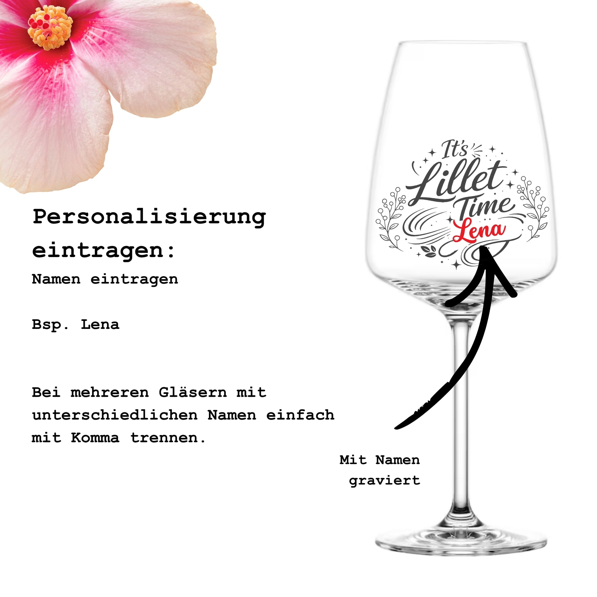 Anleitung zur Personalisierung – Lillet Time Glas mit Namen gravieren lassen – Beispiel Lena – Glanzstücke