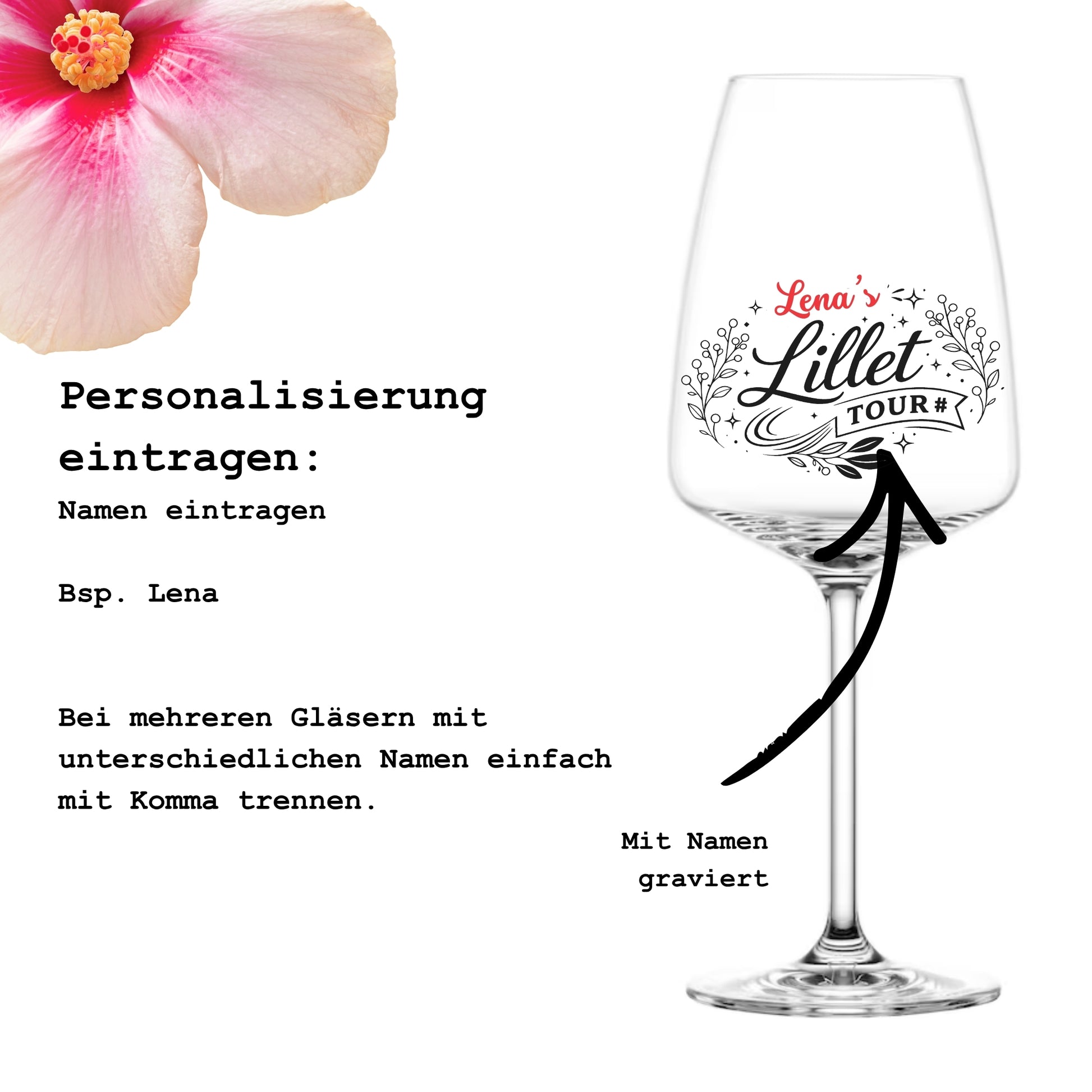 Anleitung zur Personalisierung – Lillet Tour Glas mit Namen gravieren lassen – Beispiel Lena – Glanzstücke