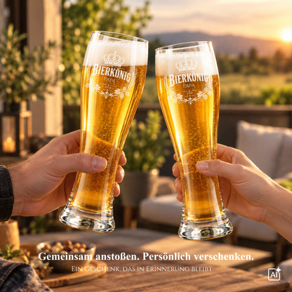 Zwei gravierte Bierkönig-Weizengläser beim gemeinsamen Anstoßen im Sonnenuntergang