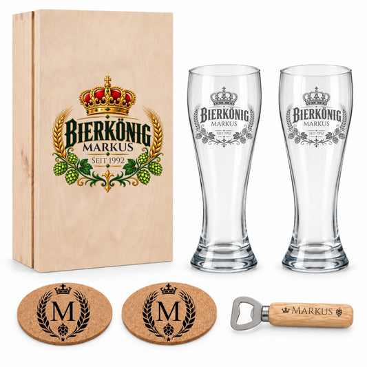 Bierkönig-Holzbox mit zwei gravierten Weizengläsern Markus und passendem Zubehör