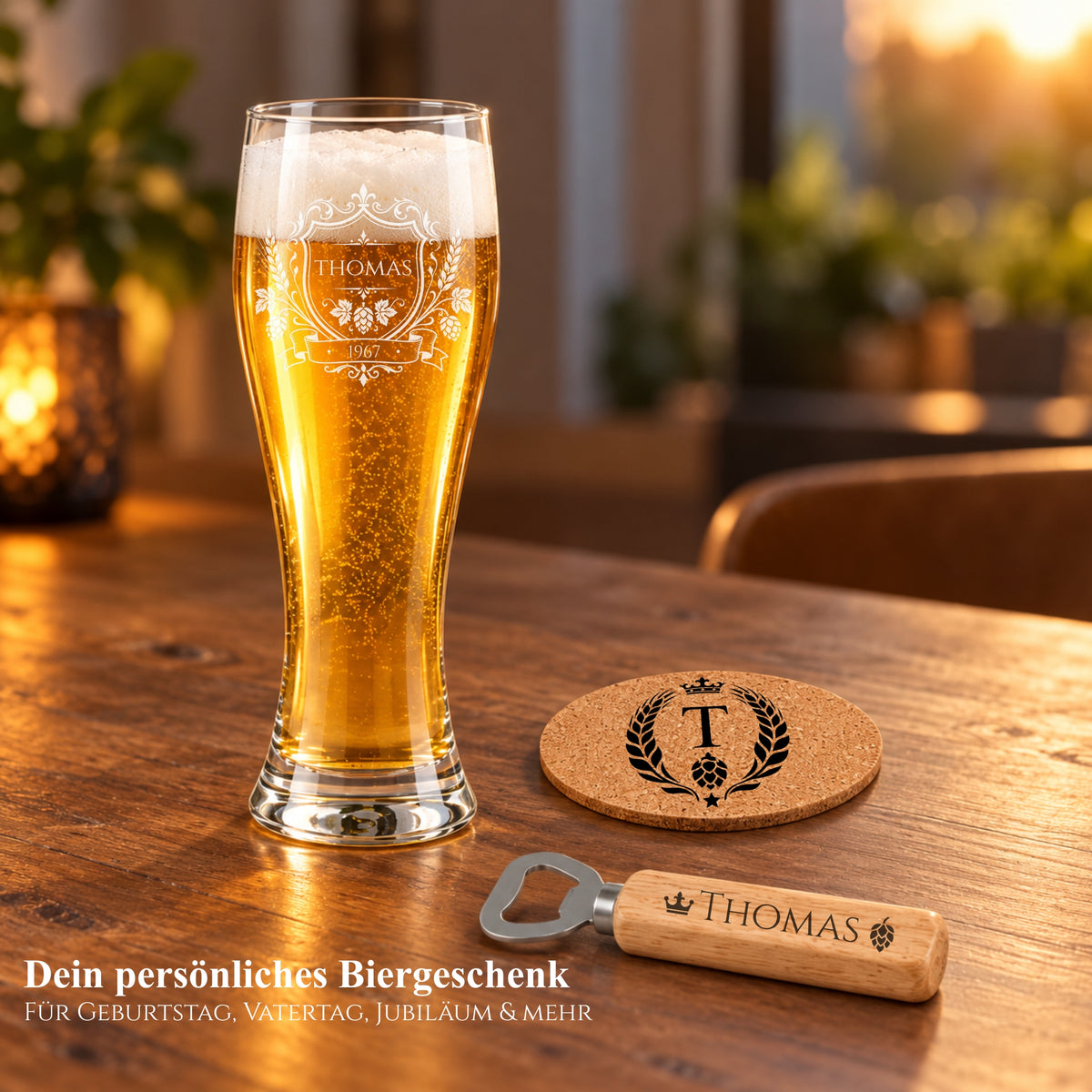 Personalisiertes Weizenglas mit Name Thomas, graviertem Korkuntersetzer und Flaschenöffner