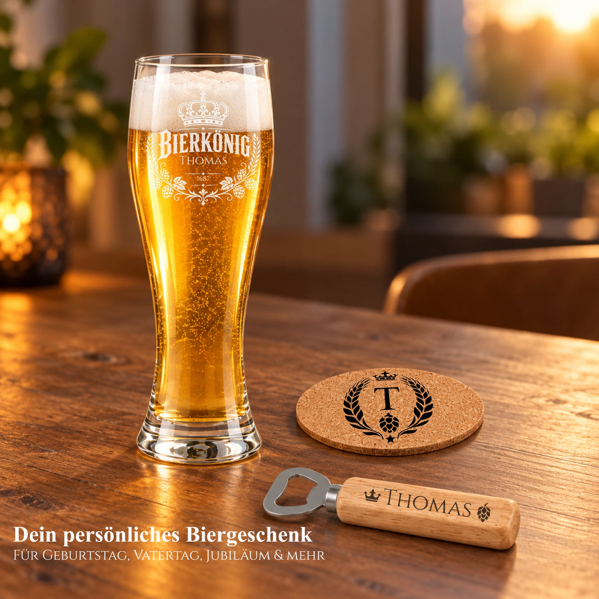Graviertes Bierkönig-Weizenglas Thomas mit Korkuntersetzer und Flaschenöffner