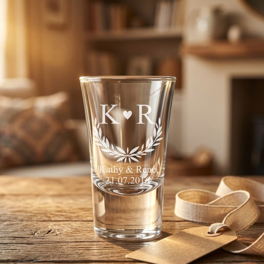 Personalisiertes Hochzeits-Schnapsglas Initialen K R Kathy René Datum – warme Atmosphäre – Lasergravur handmade Germany