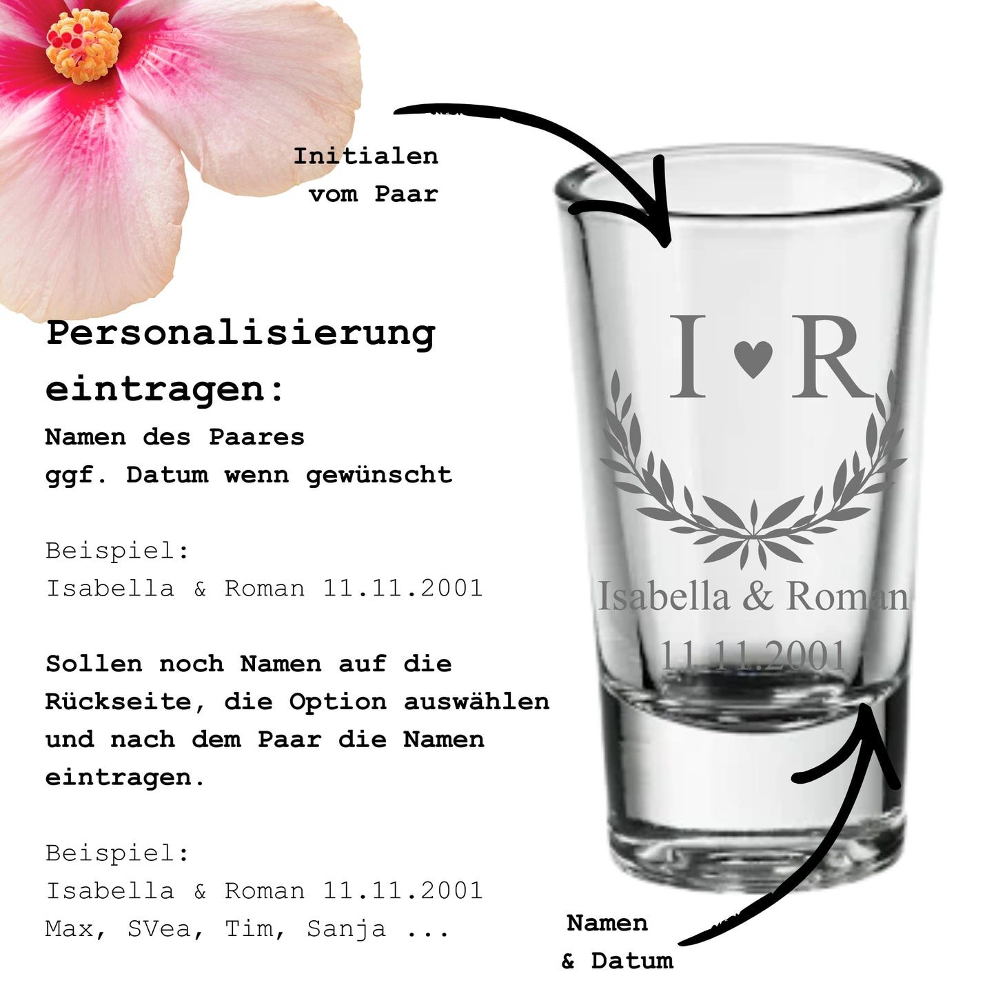 Hochzeits-Schnapsglas Personalisierung – Initialen Namen Datum Rückseite Gastnamen – Beispiel Isabella Roman