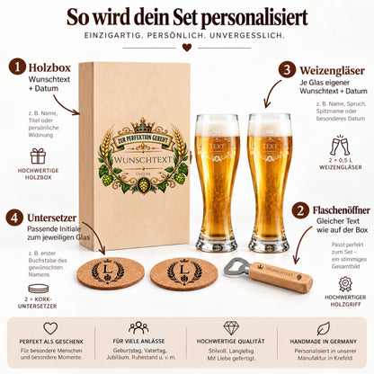Erklärung der Personalisierung von Holzbox, Weizengläsern, Korkuntersetzern und Flaschenöffner