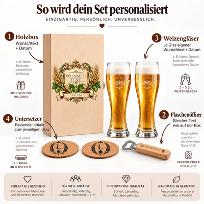 Erklärung der individuellen Gravur für Holzbox, zwei Weizengläser, Untersetzer und Flaschenöffner