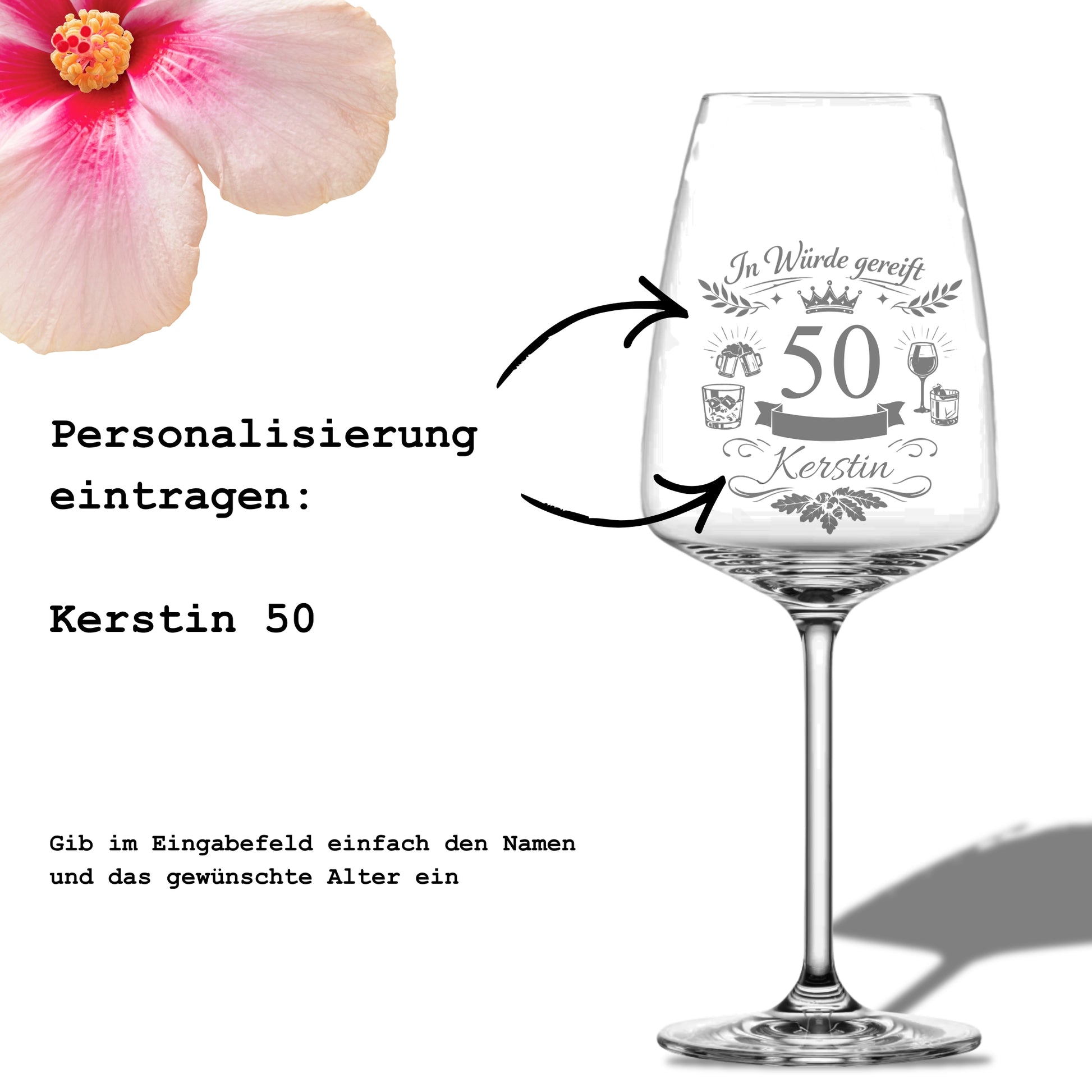 Personalisierung Weinglas – Name und Alter für Gravur zum 50. Geburtstag eingeben