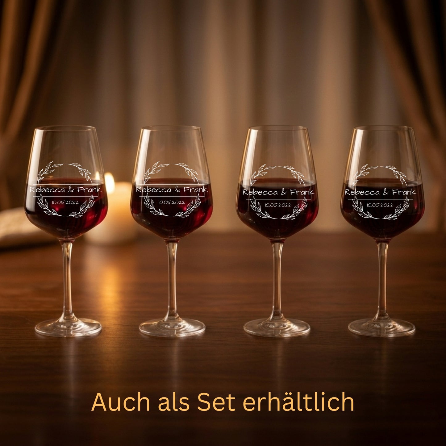 Rotweinglas 4er Set Hochzeit Lorbeerkranz graviert – Rebecca und Frank 10.05.2022, vier Gläser Tischdeko Hochzeit, auch als Set erhältlich, Gastgeschenk
