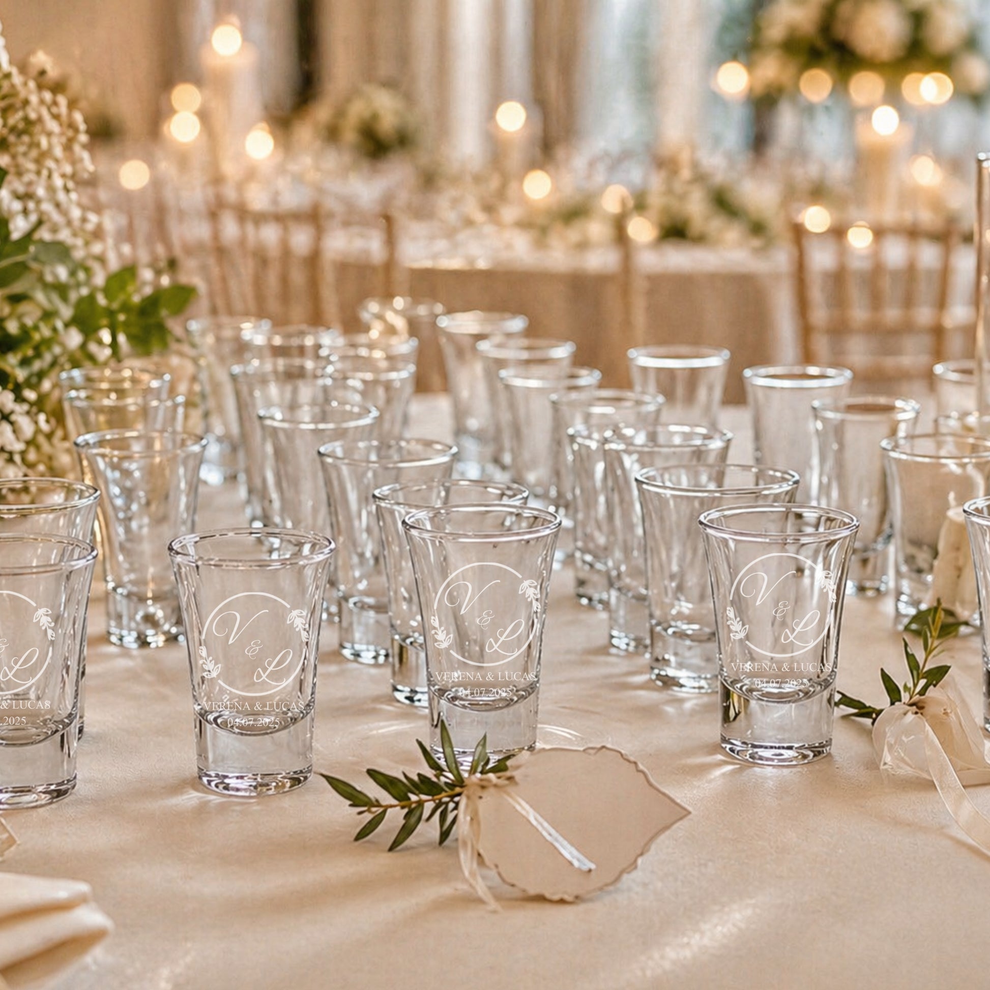 Gastgeschenk Hochzeit Schnapsgläser personalisiert auf gedecktem Tisch – Tischdekoration Hochzeit Gravur