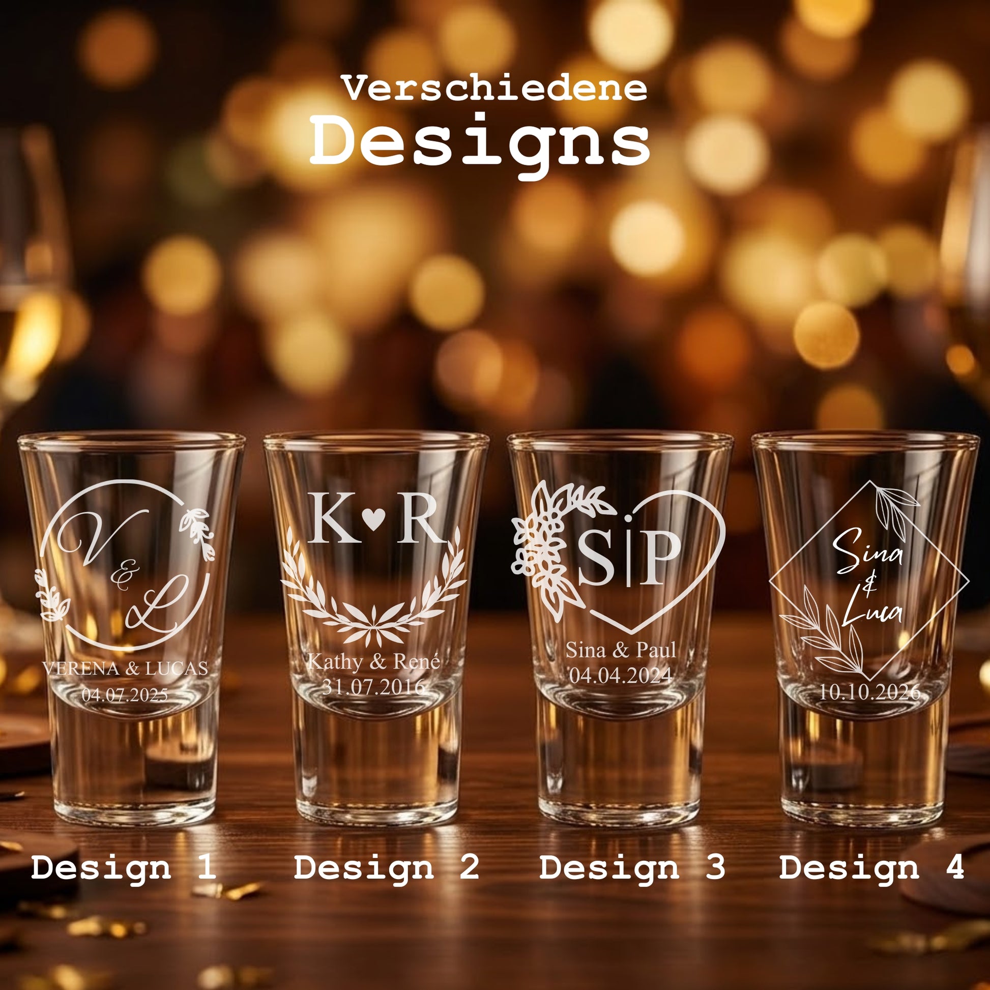 Hochzeits-Schnapsglas 4 Designs wählbar – Blumenkreis Lorbeerkranz Blumenherz Geometrisch – personalisiert mit Namen